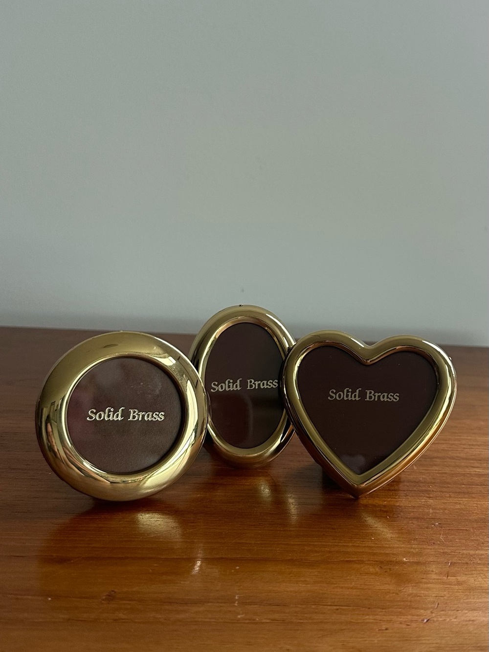 VINTAGE | BRASS SET OF 3 MINI FRAMES | HEART OVAL CIRCLE | MCM 70s 80s | W/ BOX